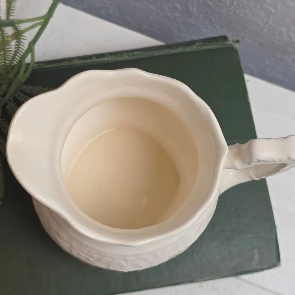Vintage Cream Ceramic Embossed Floral Creamer and Saucer Set Scalloped Footed‎